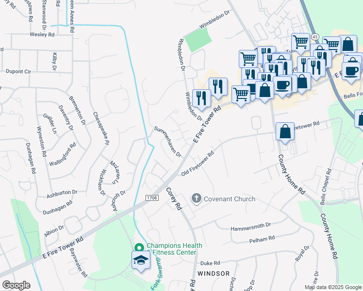 map of restaurants, bars, coffee shops, grocery stores, and more near 2012 Tower Place in Greenville