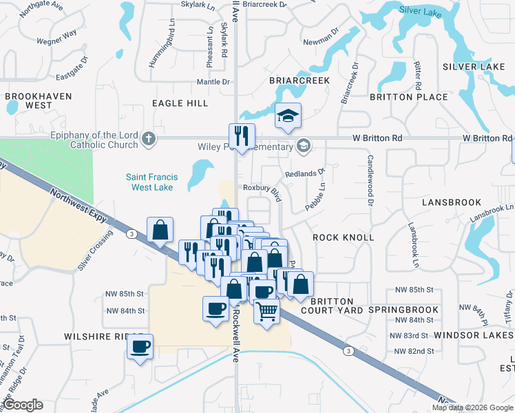 map of restaurants, bars, coffee shops, grocery stores, and more near 7007 Pebble Lane in Oklahoma City