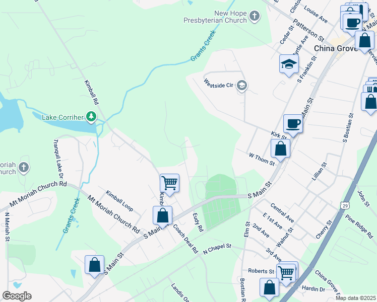 map of restaurants, bars, coffee shops, grocery stores, and more near 545 Eudy Road in China Grove