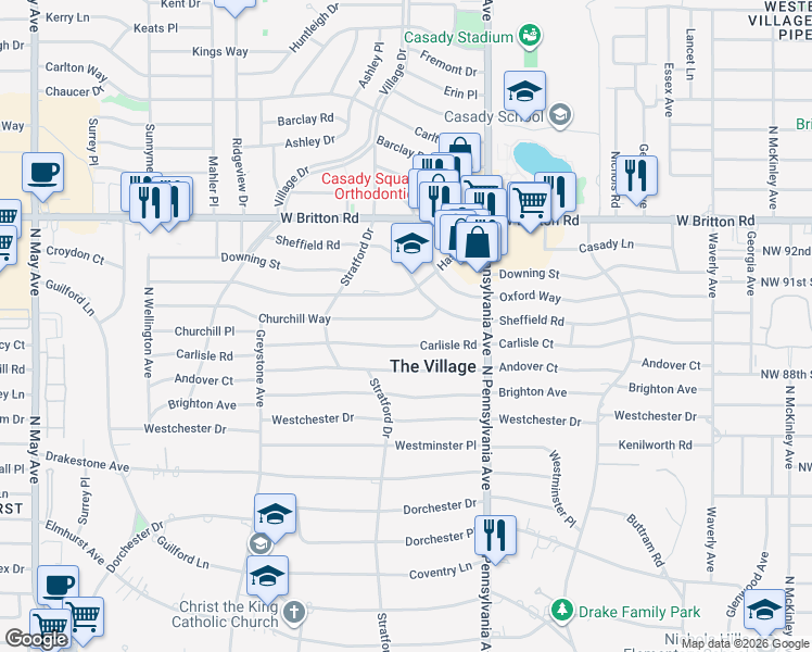 map of restaurants, bars, coffee shops, grocery stores, and more near 1732 Churchill Way in The Village