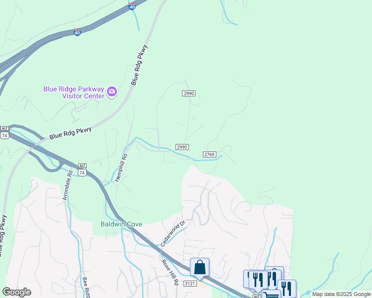 map of restaurants, bars, coffee shops, grocery stores, and more near 25 Little Knob Road in Asheville