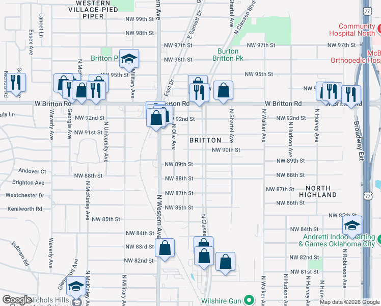 map of restaurants, bars, coffee shops, grocery stores, and more near 9020 North Francis Avenue in Oklahoma City