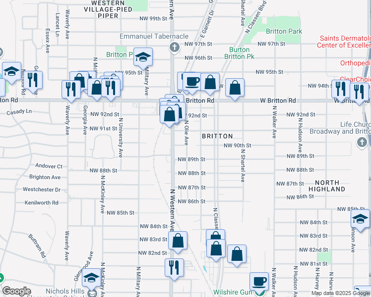 map of restaurants, bars, coffee shops, grocery stores, and more near 9013 North Olie Avenue in Oklahoma City