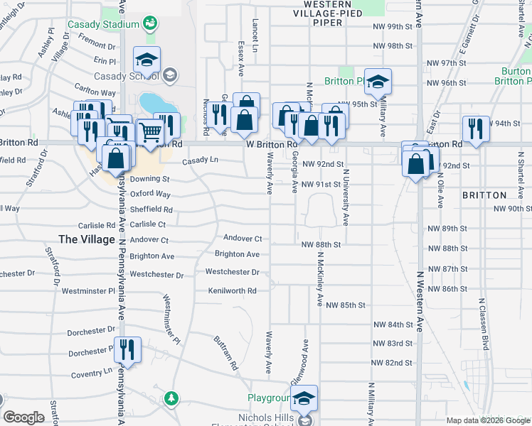 map of restaurants, bars, coffee shops, grocery stores, and more near 1301 Carlisle Court in The Village