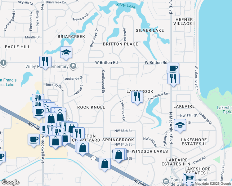 map of restaurants, bars, coffee shops, grocery stores, and more near 9101 Whitehall Court in Oklahoma City