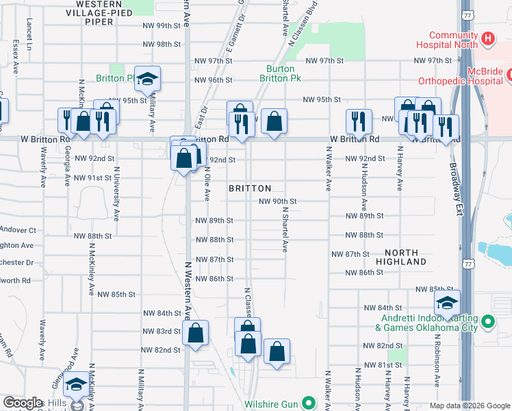 map of restaurants, bars, coffee shops, grocery stores, and more near 740 Northwest 90th Street in Oklahoma City