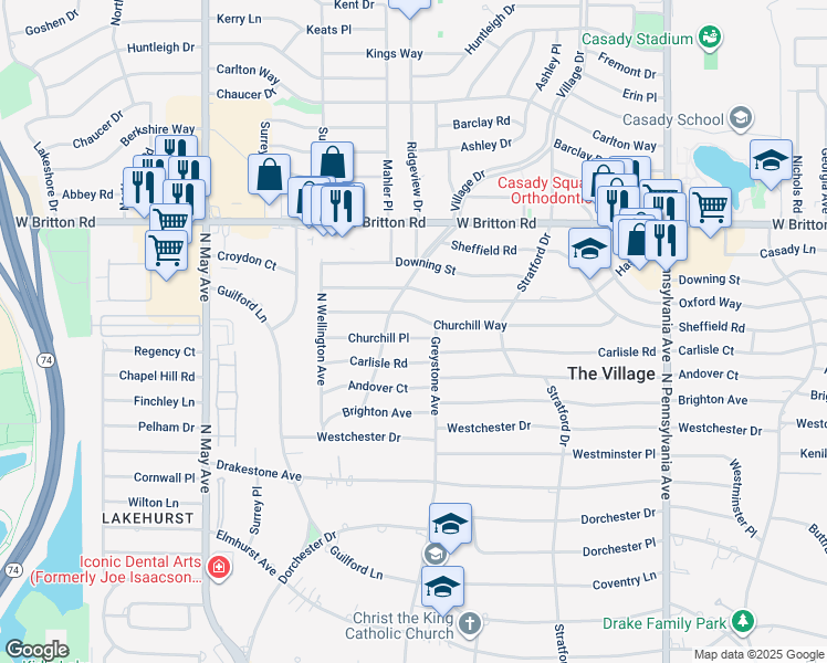 map of restaurants, bars, coffee shops, grocery stores, and more near 2104 Churchill Place in The Village