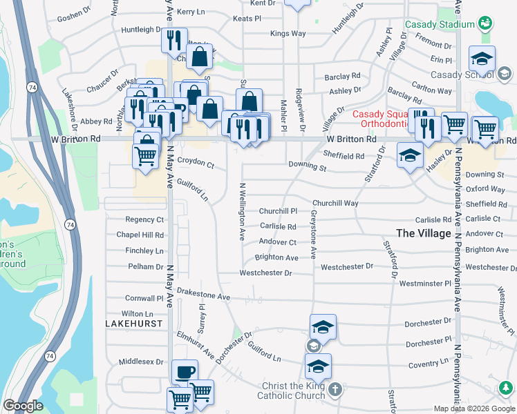 map of restaurants, bars, coffee shops, grocery stores, and more near 2224 Churchill Place in The Village