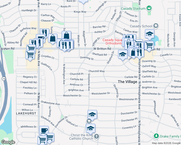 map of restaurants, bars, coffee shops, grocery stores, and more near 2104 Churchill Place in The Village