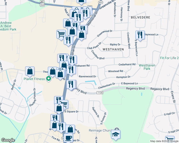 map of restaurants, bars, coffee shops, grocery stores, and more near 104 Briarwood Drive in Greenville