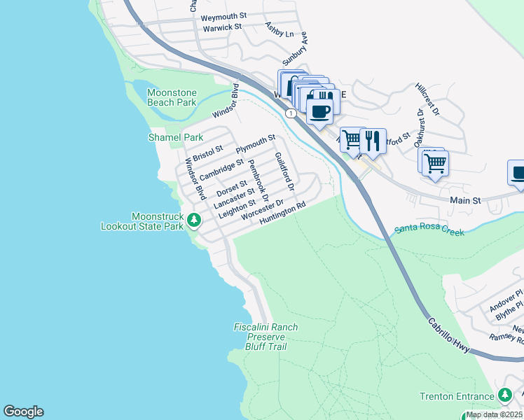 map of restaurants, bars, coffee shops, grocery stores, and more near Worcester Drive in Cambria