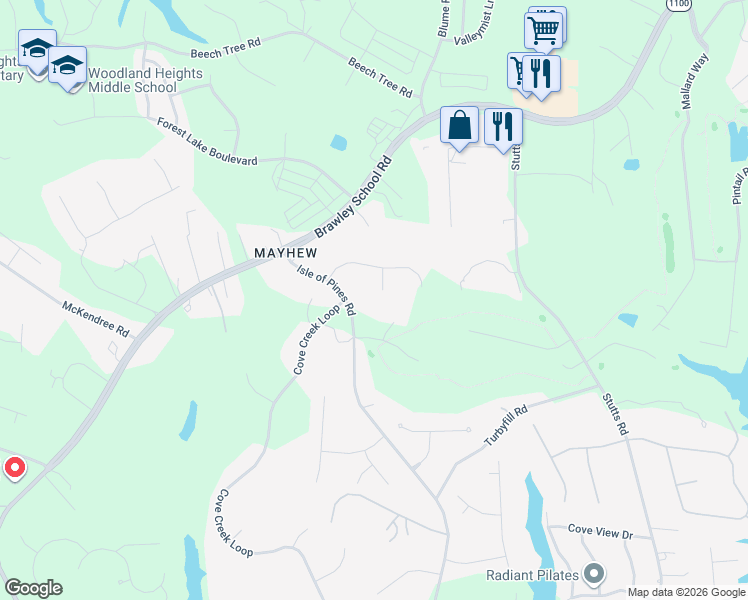 map of restaurants, bars, coffee shops, grocery stores, and more near 114 Misty Meadows Court in Mooresville