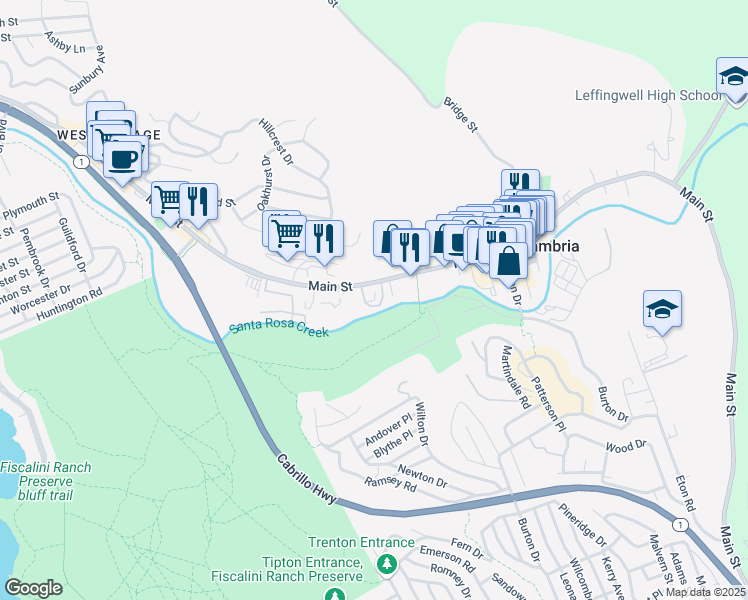 map of restaurants, bars, coffee shops, grocery stores, and more near in Cambria