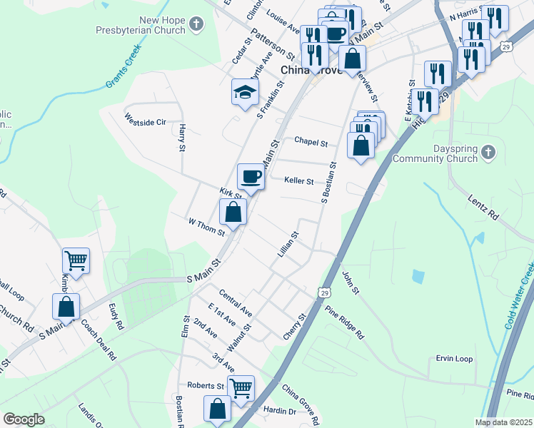 map of restaurants, bars, coffee shops, grocery stores, and more near 305 John Street in China Grove