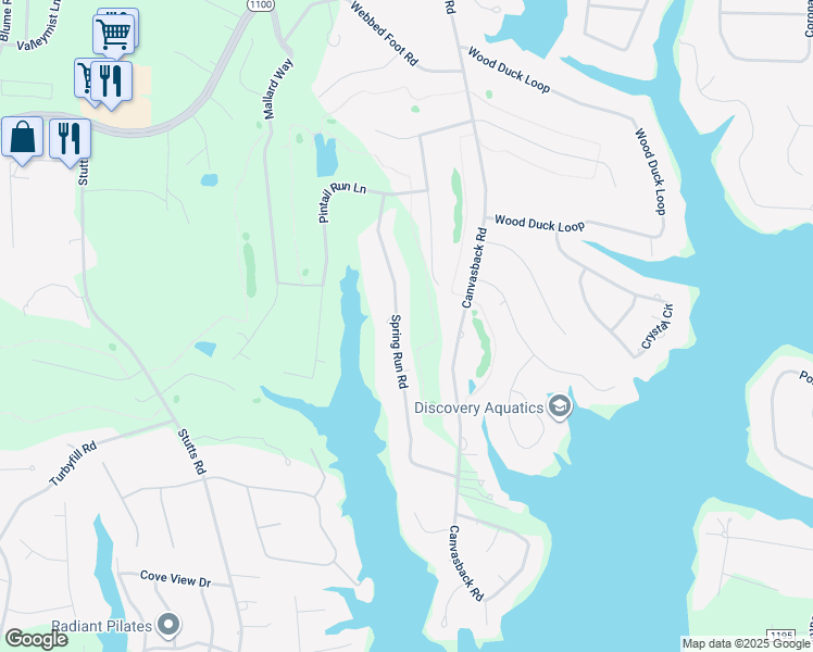 map of restaurants, bars, coffee shops, grocery stores, and more near 175 Spring Run Road in Mooresville