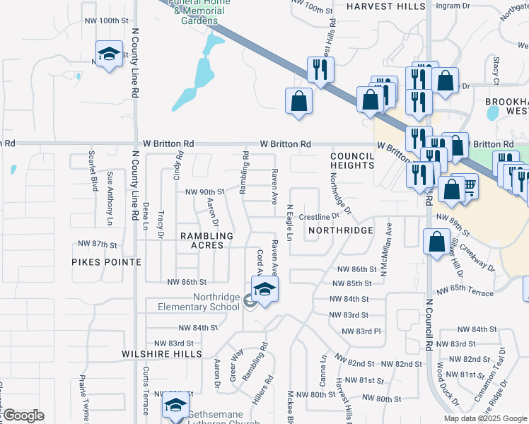 map of restaurants, bars, coffee shops, grocery stores, and more near 8509 Crestline Drive in Oklahoma City