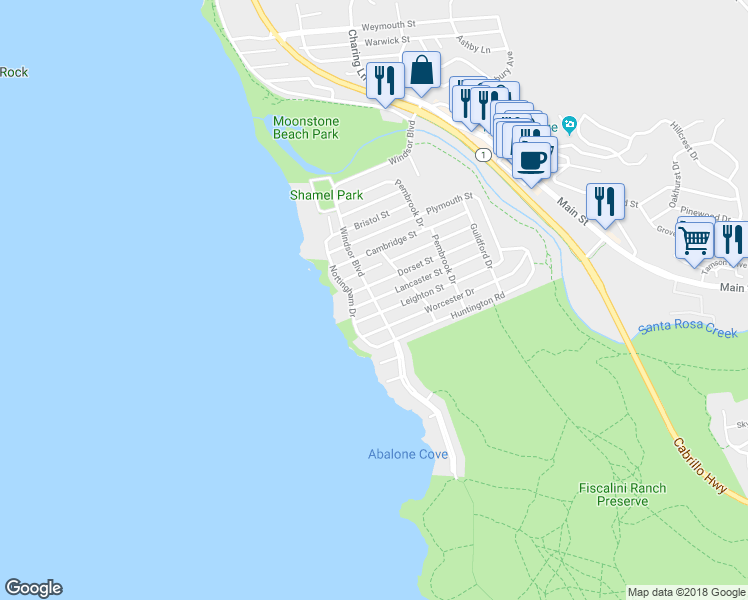 map of restaurants, bars, coffee shops, grocery stores, and more near Windsor Boulevard in Cambria