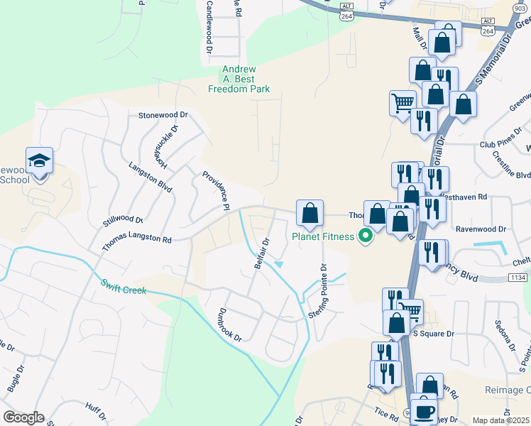 map of restaurants, bars, coffee shops, grocery stores, and more near 1330 Thomas Langston Rd in Greenville