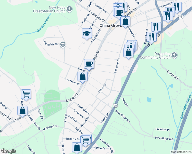 map of restaurants, bars, coffee shops, grocery stores, and more near 304 John Street in China Grove
