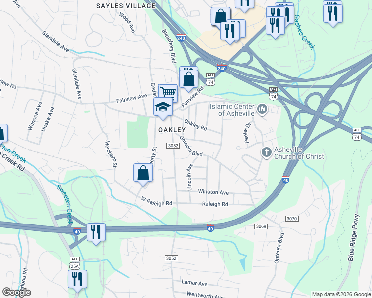 map of restaurants, bars, coffee shops, grocery stores, and more near 65 Onteora Boulevard in Asheville