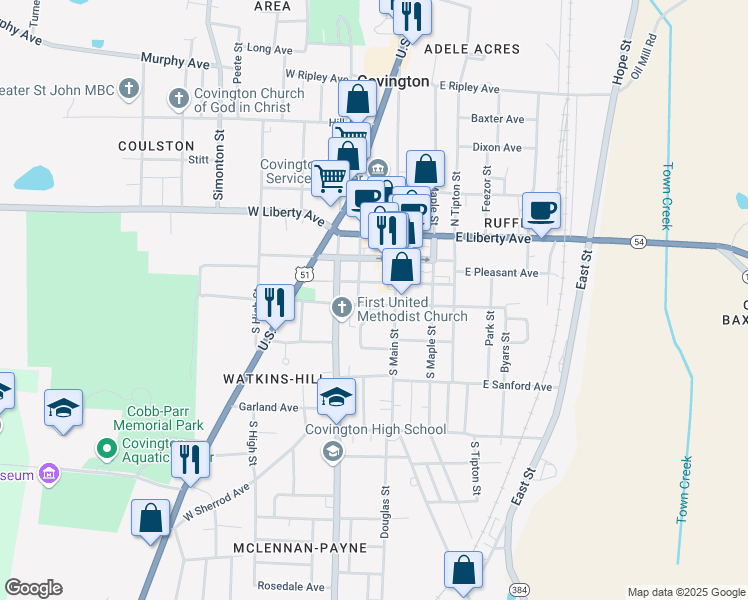 map of restaurants, bars, coffee shops, grocery stores, and more near 118 West Church Avenue in Covington