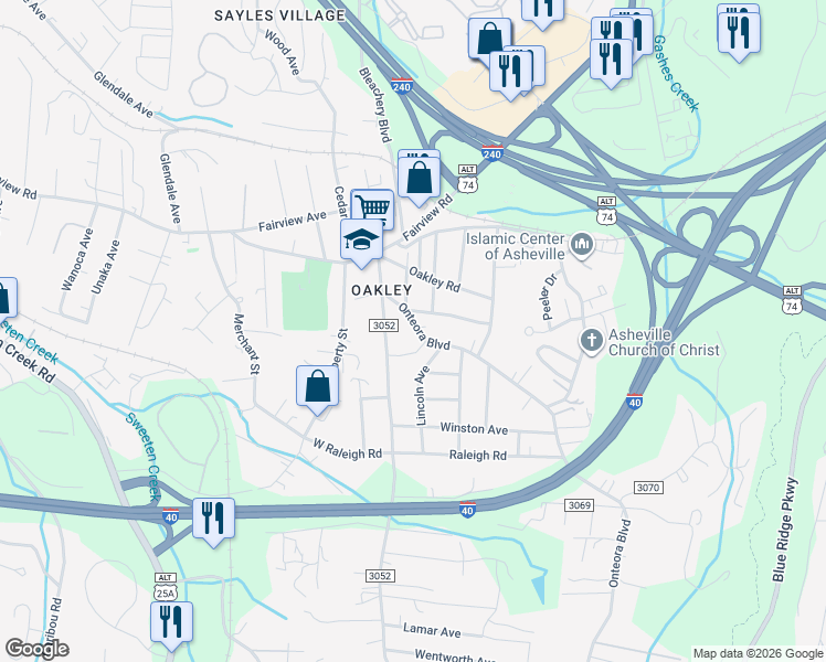 map of restaurants, bars, coffee shops, grocery stores, and more near 65 Onteora Boulevard in Asheville