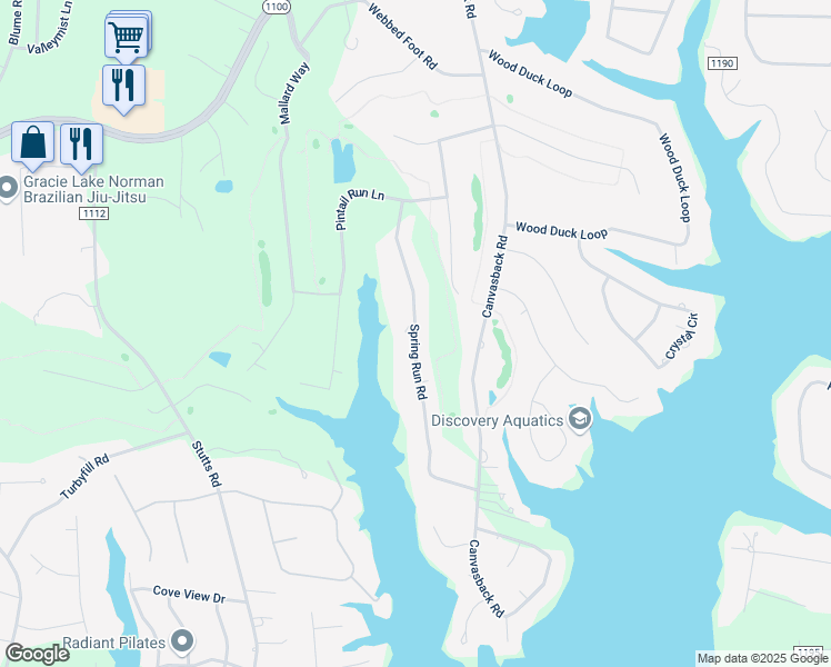 map of restaurants, bars, coffee shops, grocery stores, and more near Spring Run Road in Mooresville