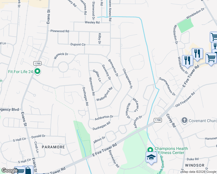 map of restaurants, bars, coffee shops, grocery stores, and more near 3504 Wallingford Road in Greenville