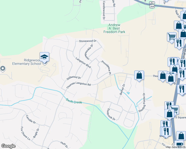 map of restaurants, bars, coffee shops, grocery stores, and more near 3401-3405 Providence Place in Winterville