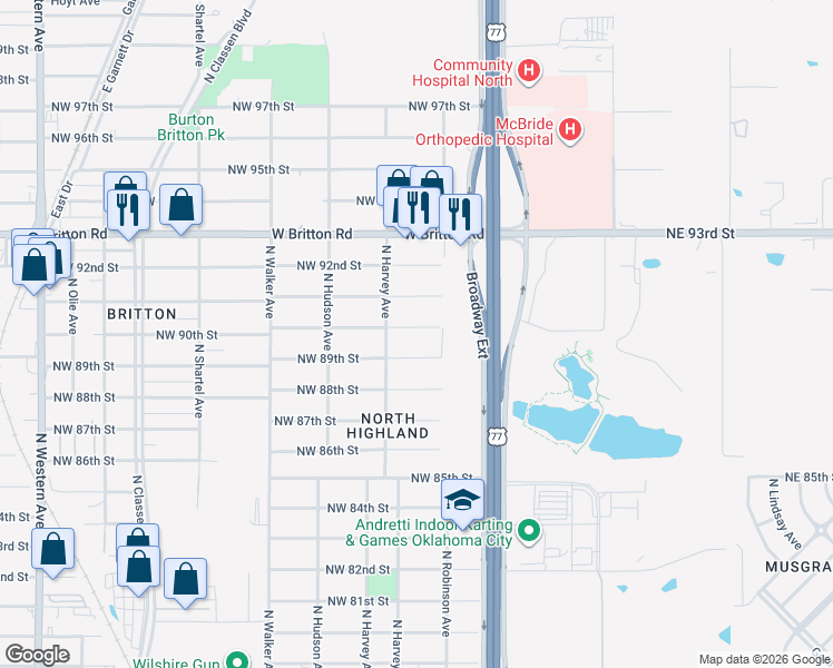 map of restaurants, bars, coffee shops, grocery stores, and more near 220 Northwest 90th Street in Oklahoma City
