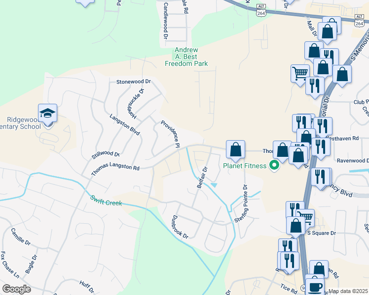 map of restaurants, bars, coffee shops, grocery stores, and more near 1169 Thomas Langston Road in Winterville