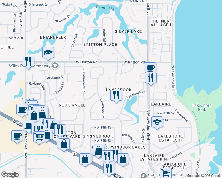 map of restaurants, bars, coffee shops, grocery stores, and more near 6300 Chatham Road in Oklahoma City