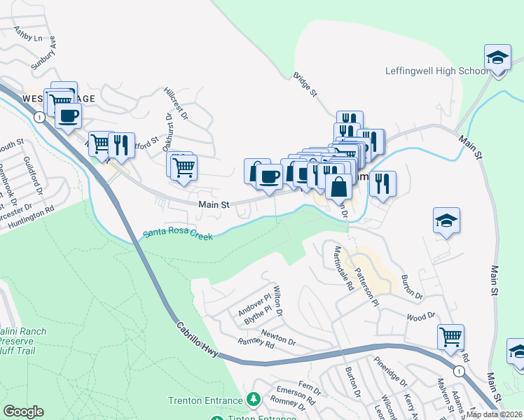map of restaurants, bars, coffee shops, grocery stores, and more near 1550 Main Street in Cambria