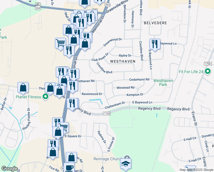 map of restaurants, bars, coffee shops, grocery stores, and more near 703 Cedarhurst Road in Greenville