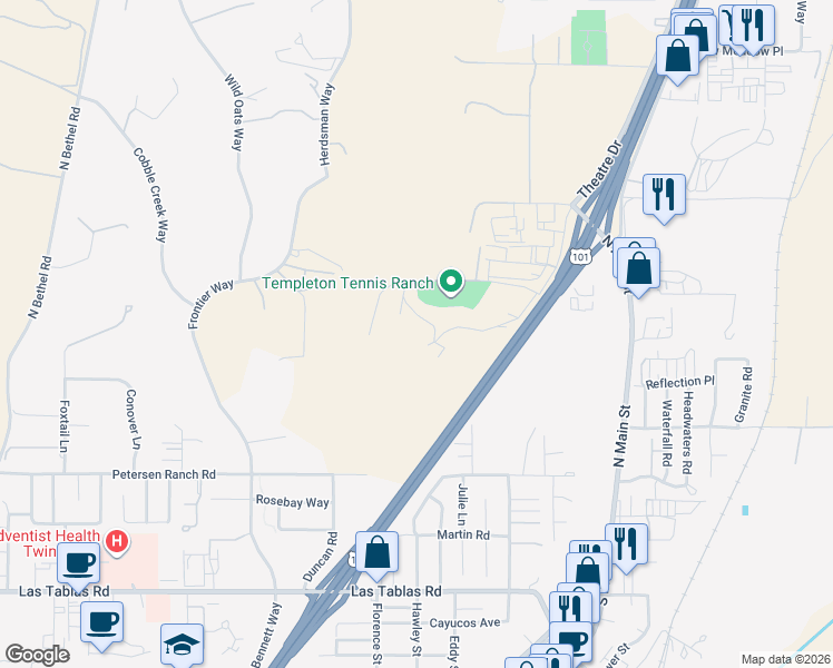 map of restaurants, bars, coffee shops, grocery stores, and more near Championship Lane in Templeton