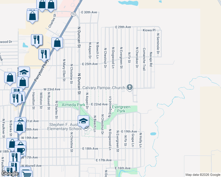 map of restaurants, bars, coffee shops, grocery stores, and more near 2239 N Dogwood Ln in Pampa