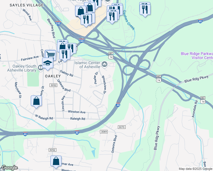 map of restaurants, bars, coffee shops, grocery stores, and more near 17 Broadview Drive in Asheville
