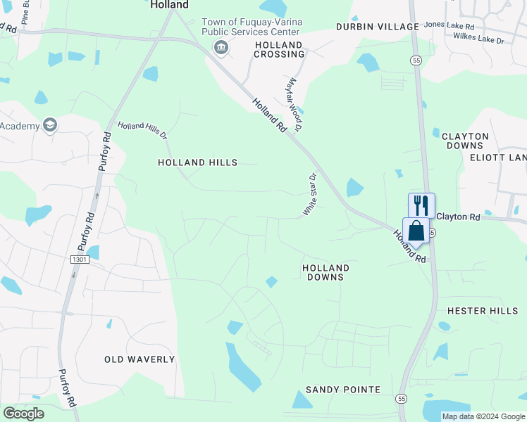 map of restaurants, bars, coffee shops, grocery stores, and more near 8208 White Star Drive in Fuquay-Varina