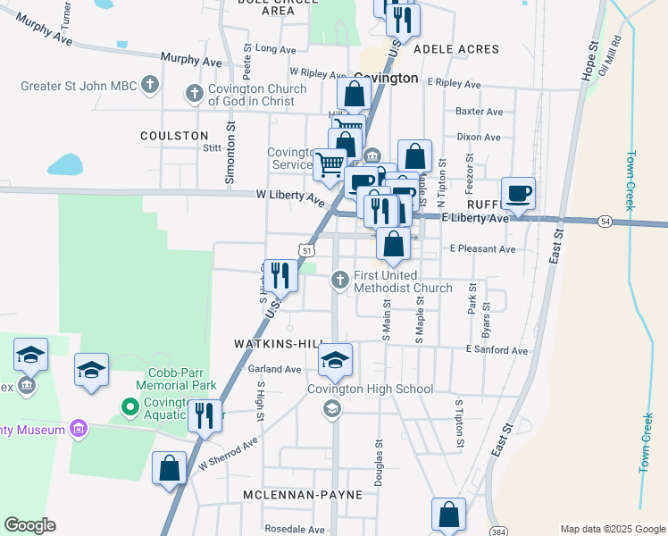 map of restaurants, bars, coffee shops, grocery stores, and more near 350 South College Street in Covington