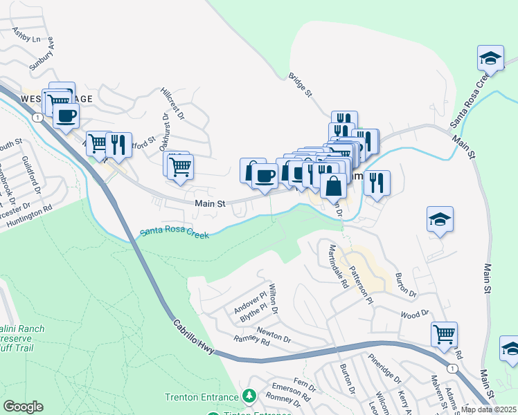 map of restaurants, bars, coffee shops, grocery stores, and more near 1550 Main Street in Cambria