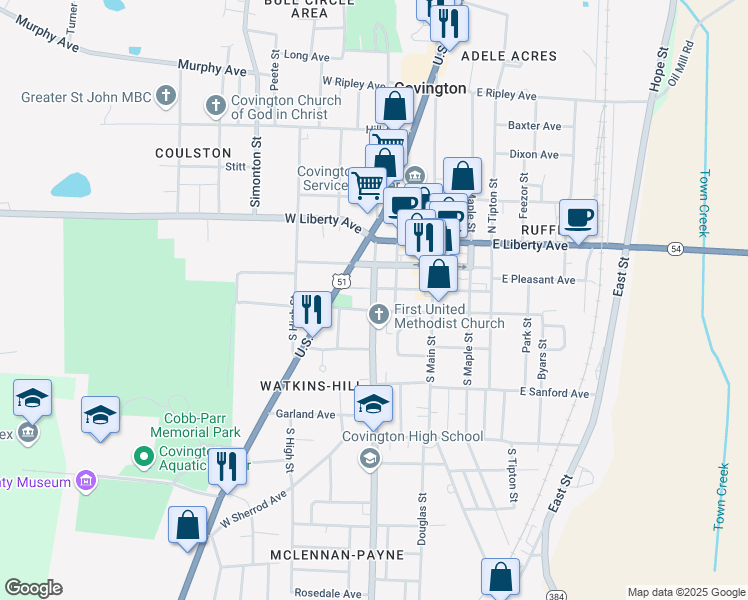 map of restaurants, bars, coffee shops, grocery stores, and more near 350 South College Street in Covington
