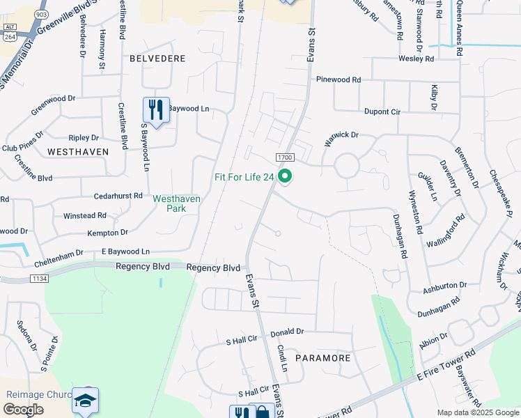 map of restaurants, bars, coffee shops, grocery stores, and more near 3702 Evans Street in Greenville