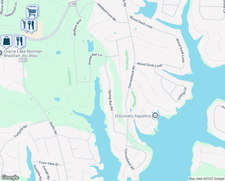 map of restaurants, bars, coffee shops, grocery stores, and more near 169 Spring Run Road in Mooresville