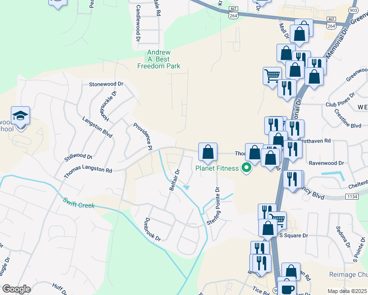 map of restaurants, bars, coffee shops, grocery stores, and more near in Winterville