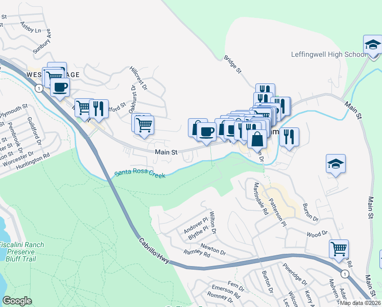 map of restaurants, bars, coffee shops, grocery stores, and more near 1500 Main Street in Cambria