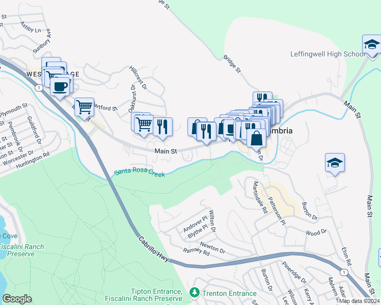 map of restaurants, bars, coffee shops, grocery stores, and more near in Cambria