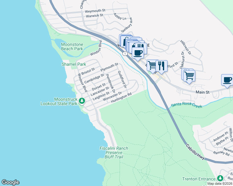 map of restaurants, bars, coffee shops, grocery stores, and more near 501 Worcester Drive in Cambria