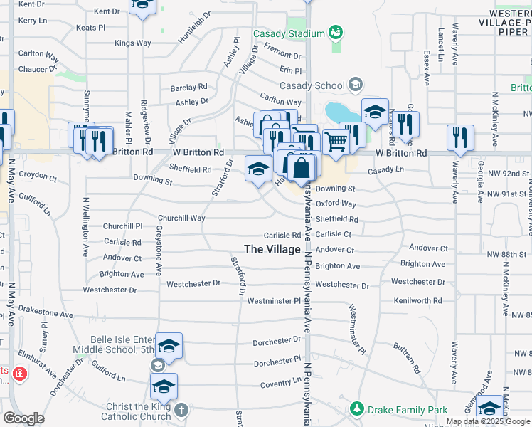 map of restaurants, bars, coffee shops, grocery stores, and more near 1732 Churchill Way in The Village