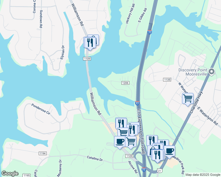 map of restaurants, bars, coffee shops, grocery stores, and more near 308 Bridgewater Lane in Mooresville