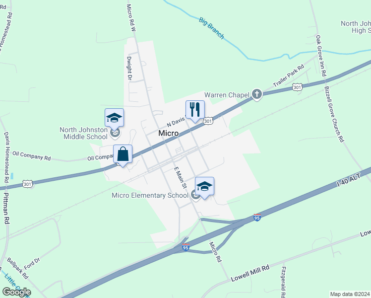 map of restaurants, bars, coffee shops, grocery stores, and more near 102 West Goldsboro Street in Micro
